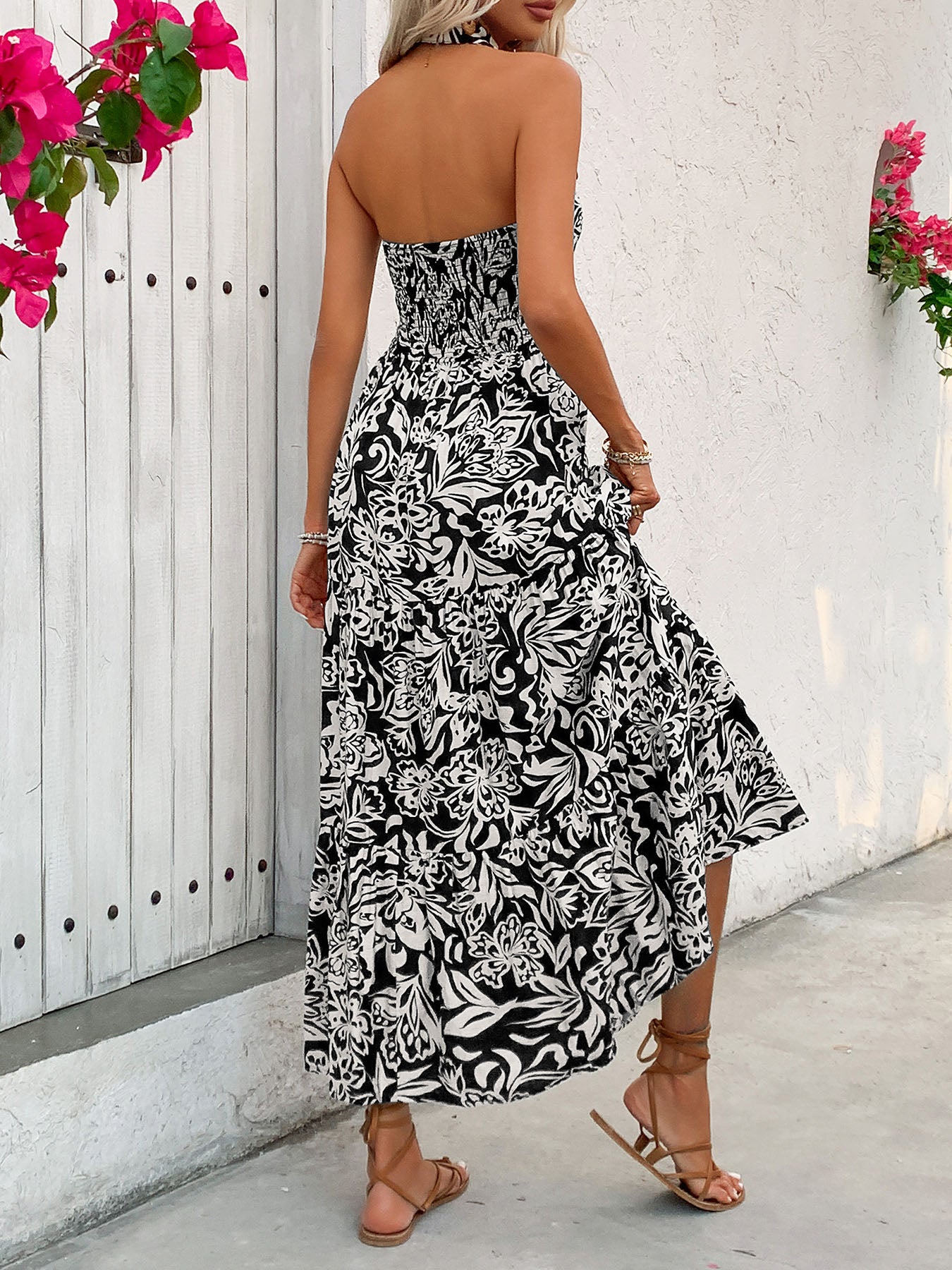 Black Floral Print Halterneck Collared Tiered Maxi Dress