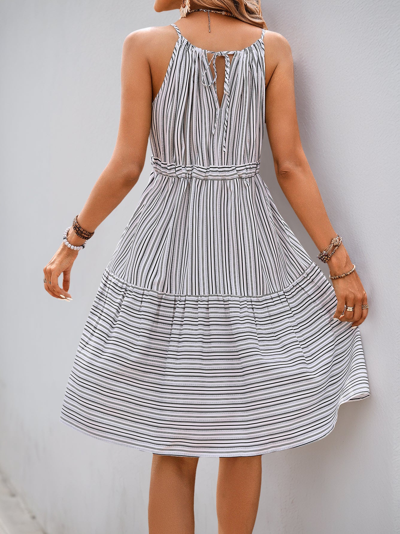 Grey Stripe Halterneck Belted Mini Summer Dress