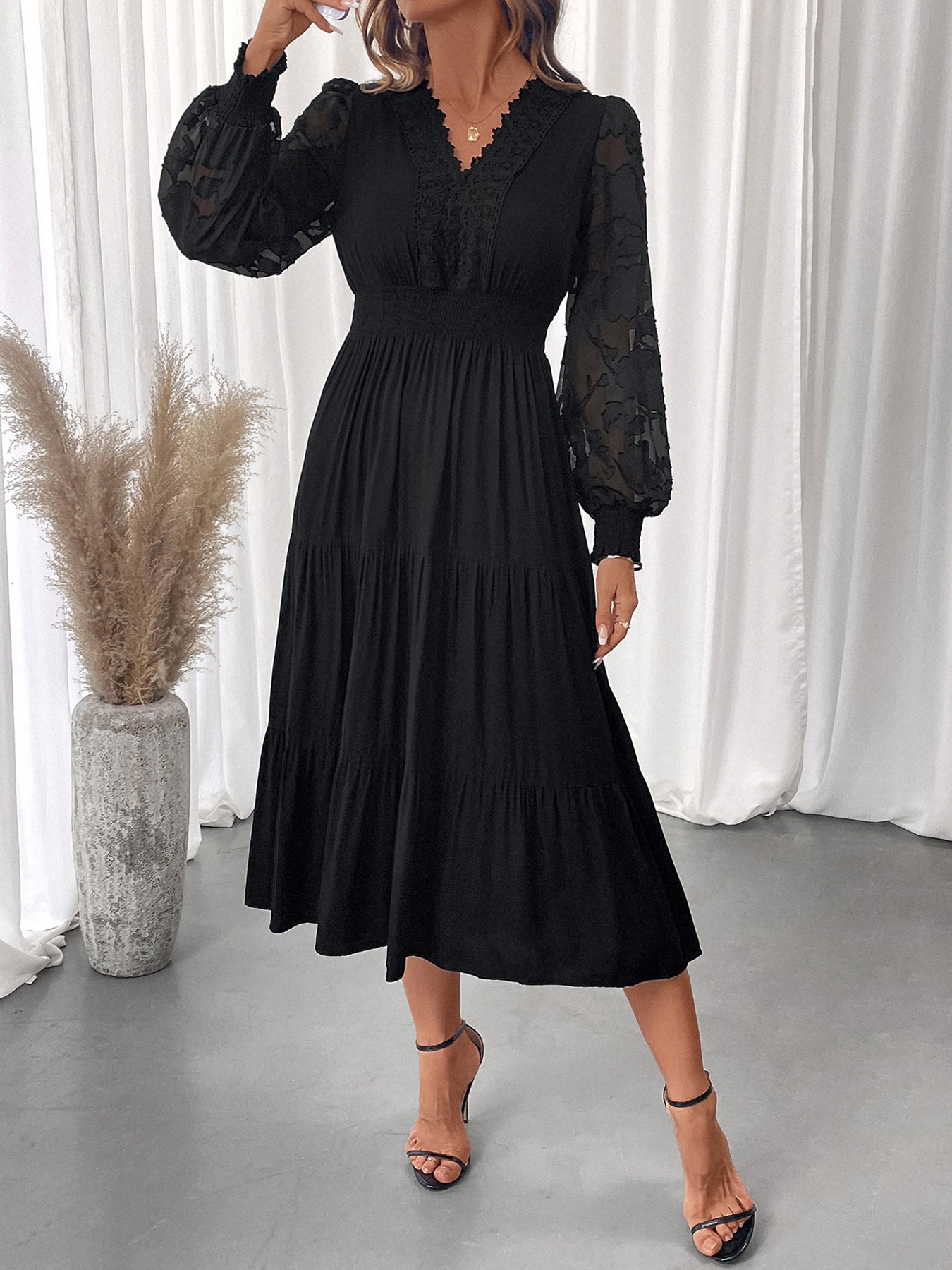 Black Lace Trim Long Sleeve V-Neck Tiered Midi Summer Dress