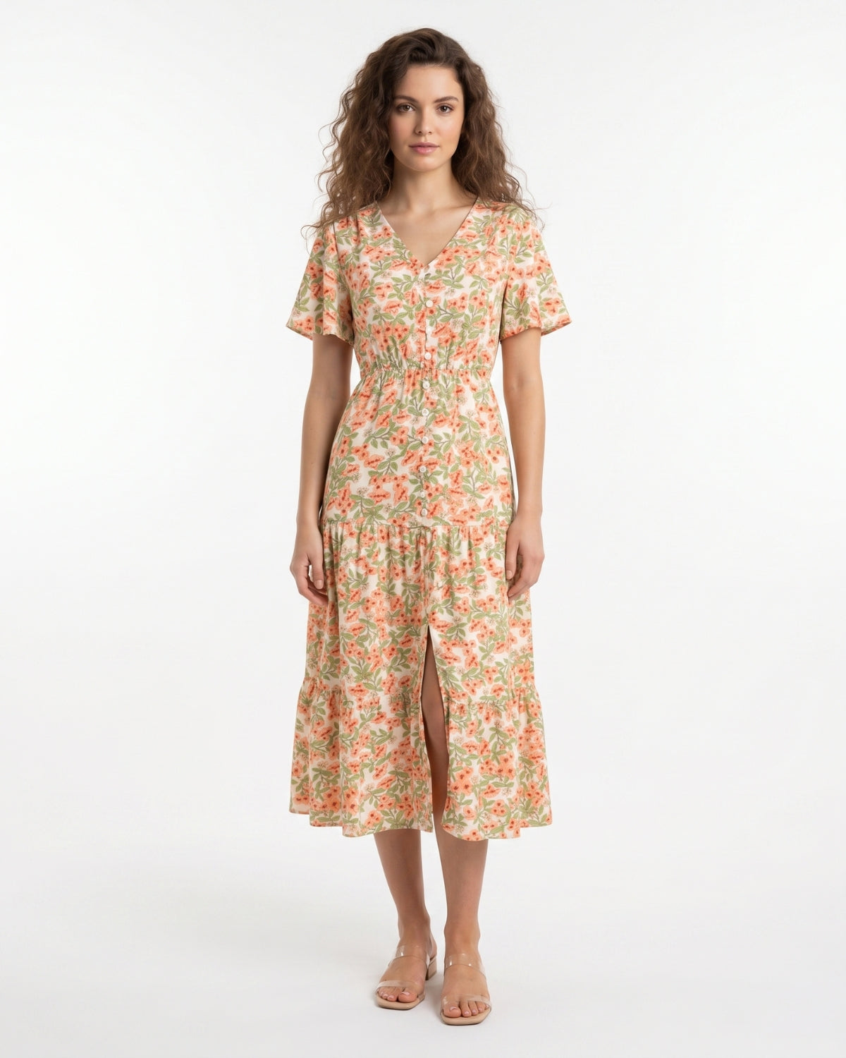 womens summer midi dresses Women's Summer Midi Dress Cream Floral Flutter Sleeve V-Neck Button-Front –  SELVAGIO