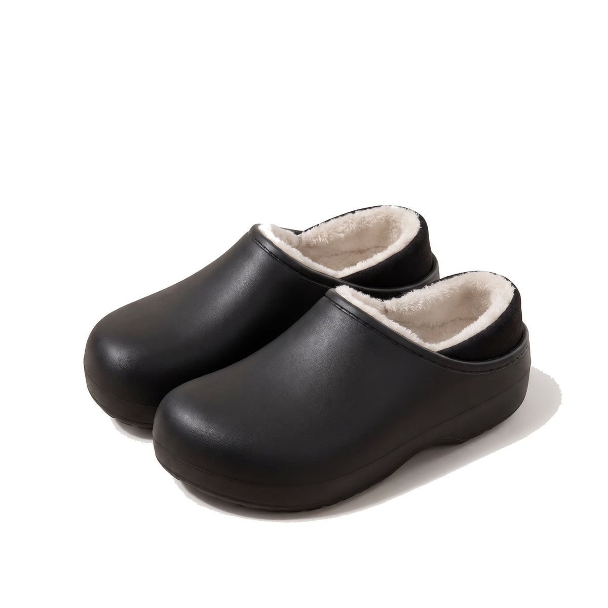 Black arch support clog slippers with fleece lining and cushioned EVA sole