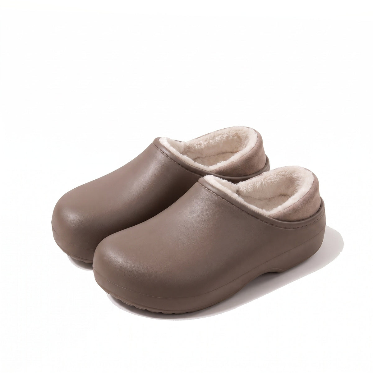 Coffee brown arch support clog slippers with closed heel and warm fleece lining