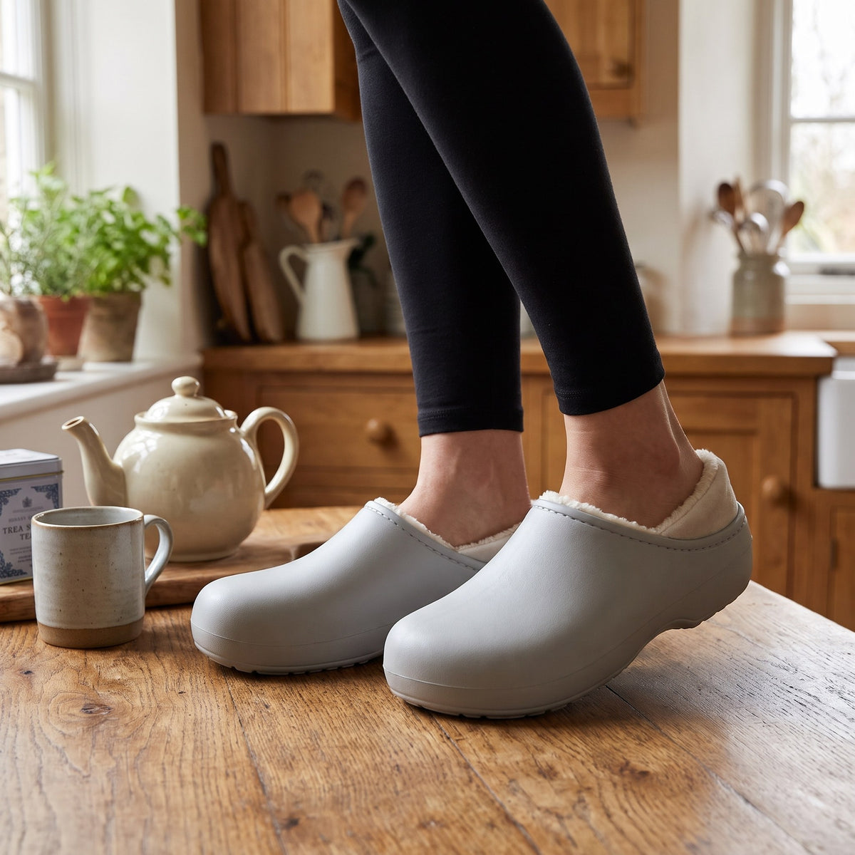 Woman wearing light grey arch support clog slippers in a cosy kitchen