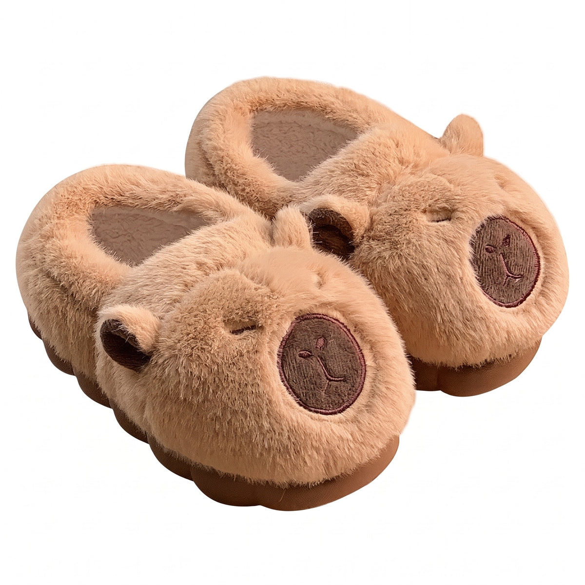 Fluffy caramel capybara slippers with cute face and chunky cushioned sole
