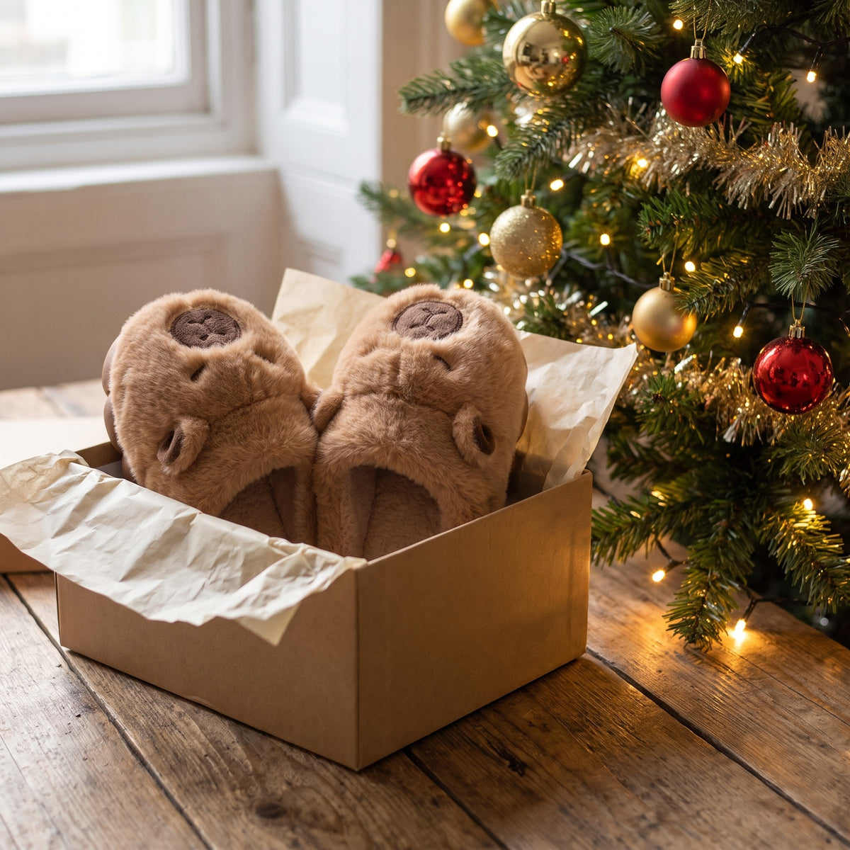 Capybara slippers in a gift box under a Christmas tree