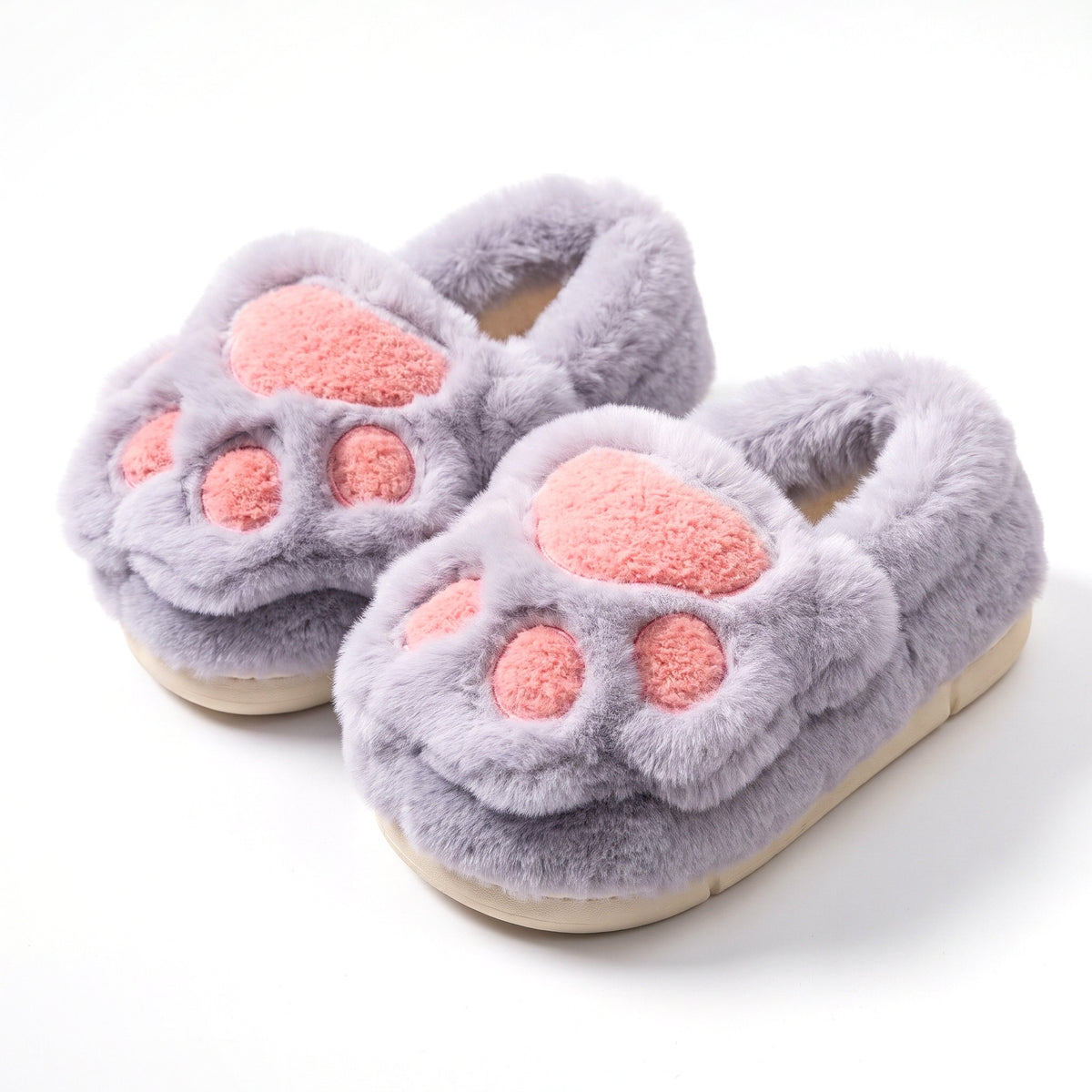 Smoky grey fluffy cat paw slippers with toe beans and flat sole