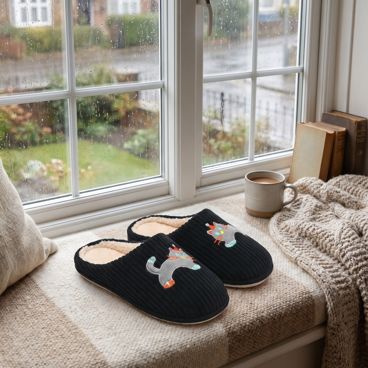 Black cat slippers on a window seat overlooking a rainy garden