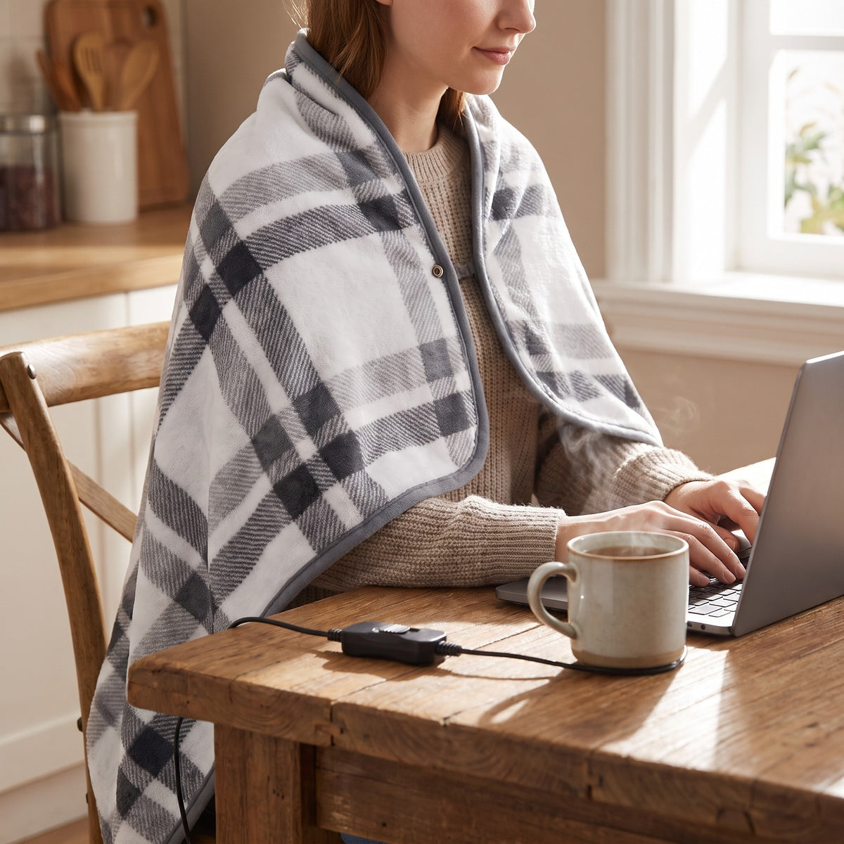 Woman working at a laptop with a grey check heated blanket round her shoulders