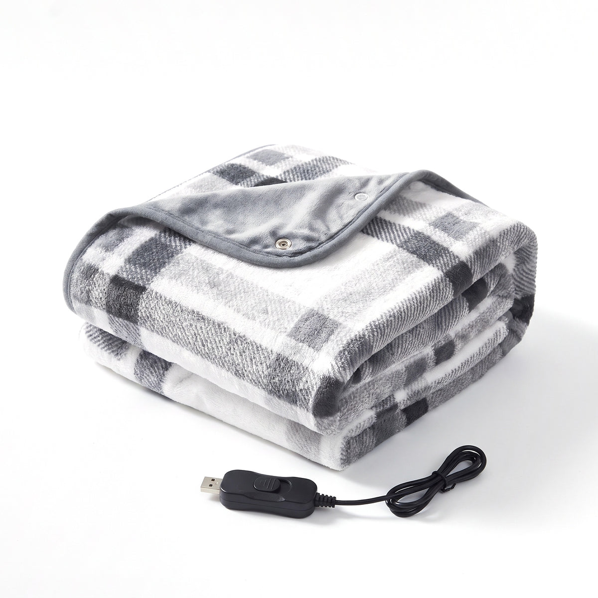 Folded grey and white check flannel USB heated blanket with controller