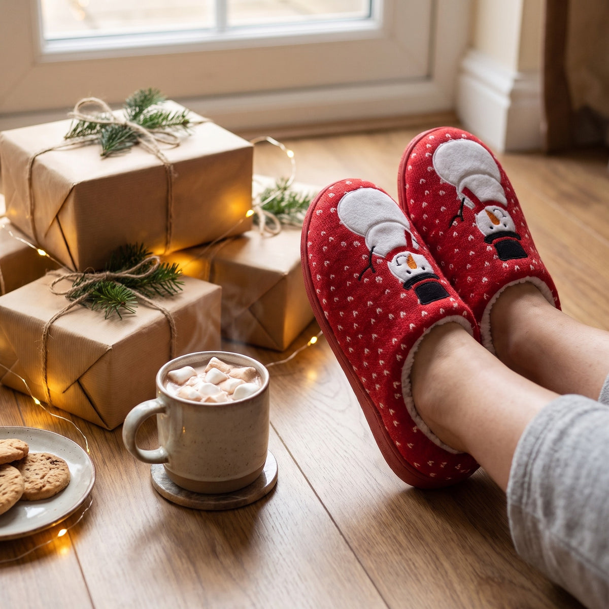 Red snowman slippers beside presents and cocoa on Christmas morning