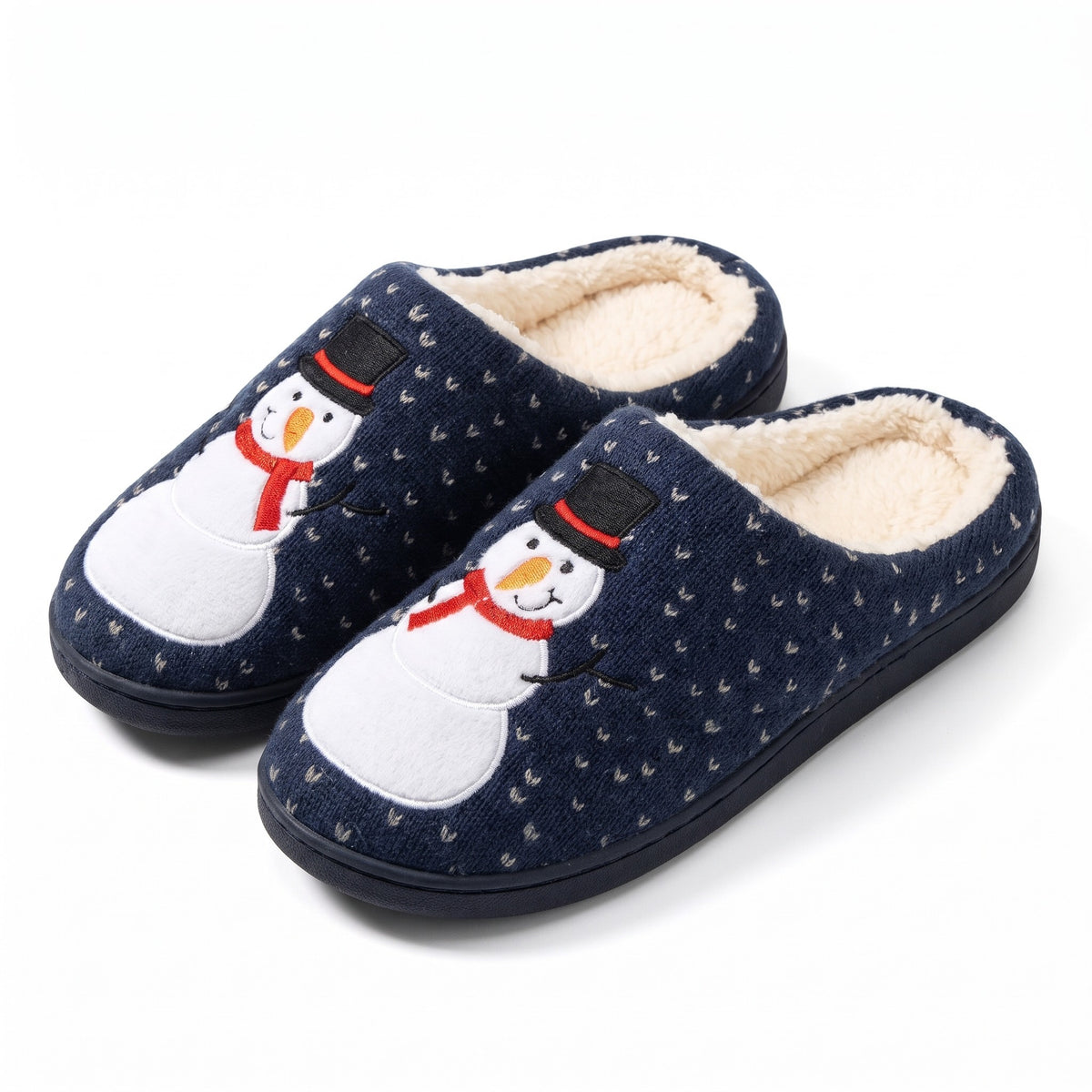 Navy knitted Christmas slippers with snowman design