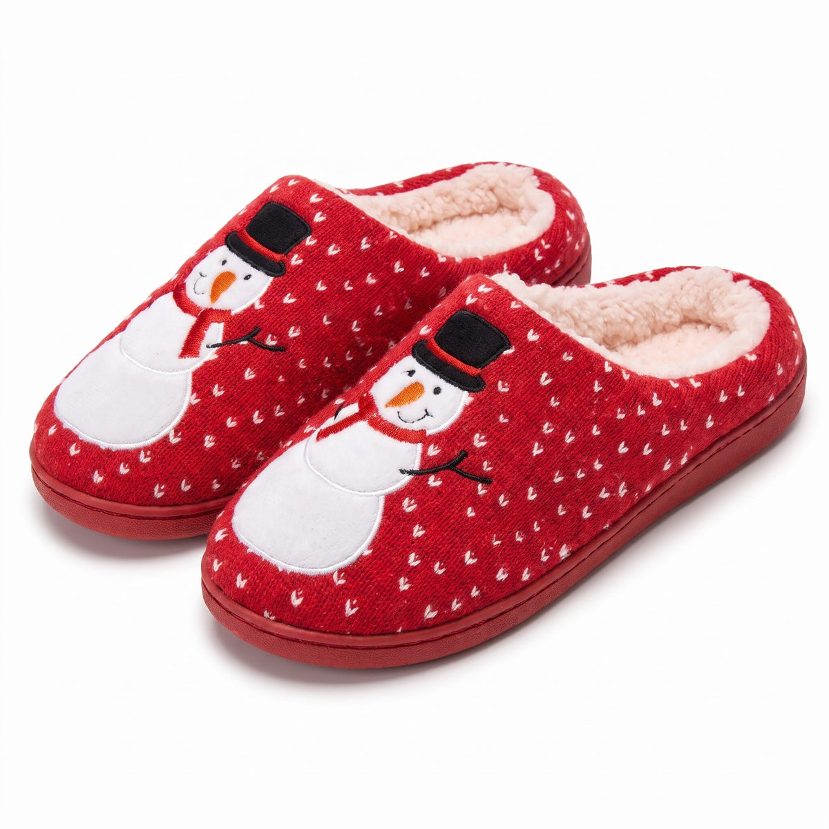 Red knitted Christmas slippers with snowman design