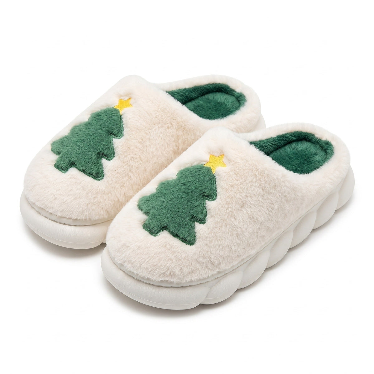 Cream Christmas tree slippers with green tree and yellow star