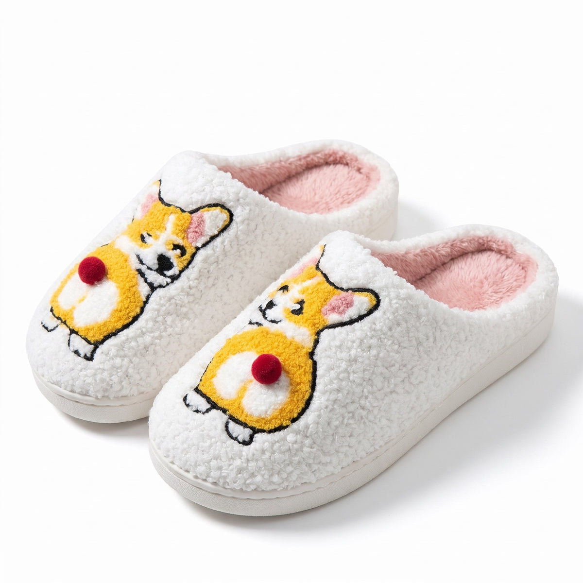 White fluffy slippers with embroidered corgi design