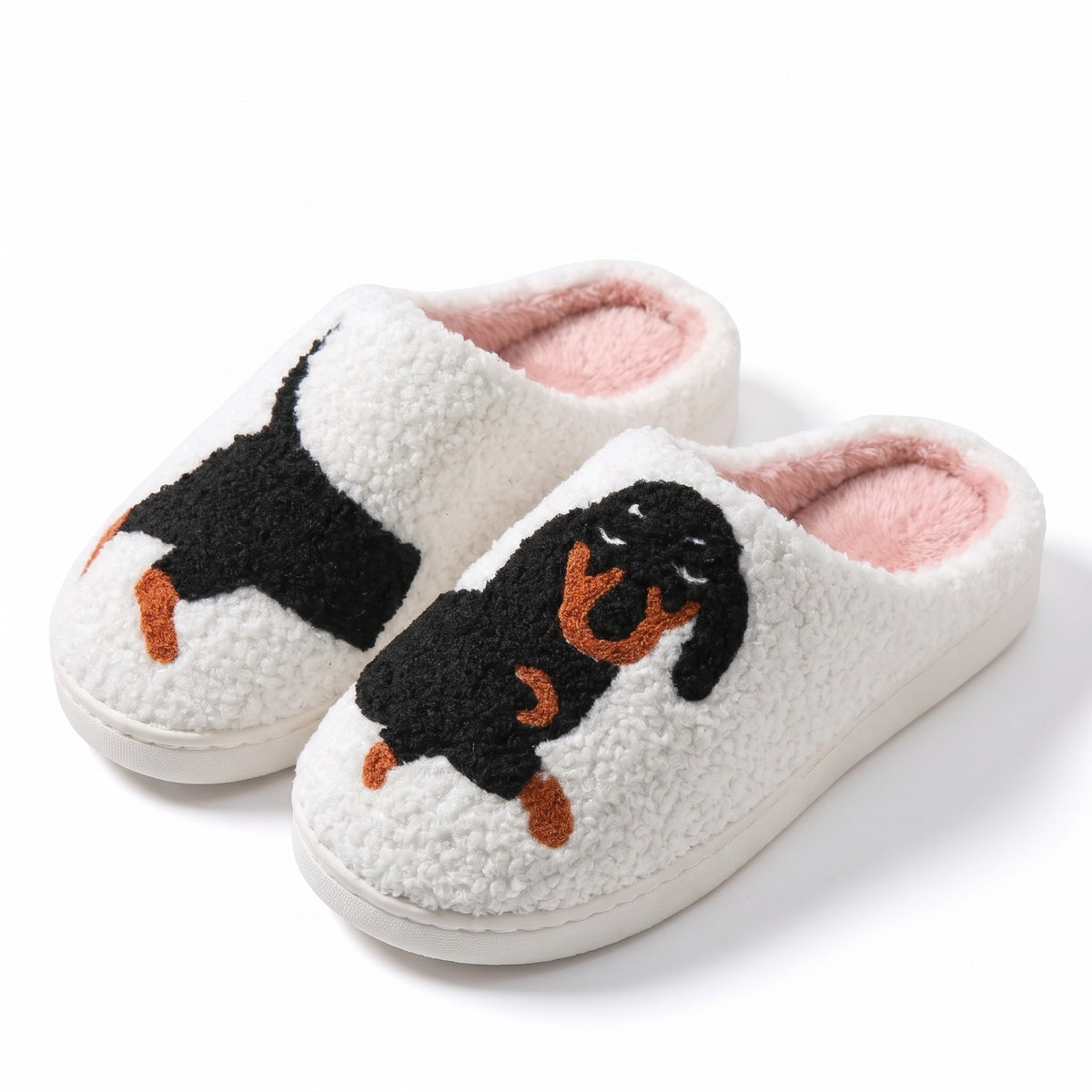 White fluffy slippers with embroidered sausage dog design