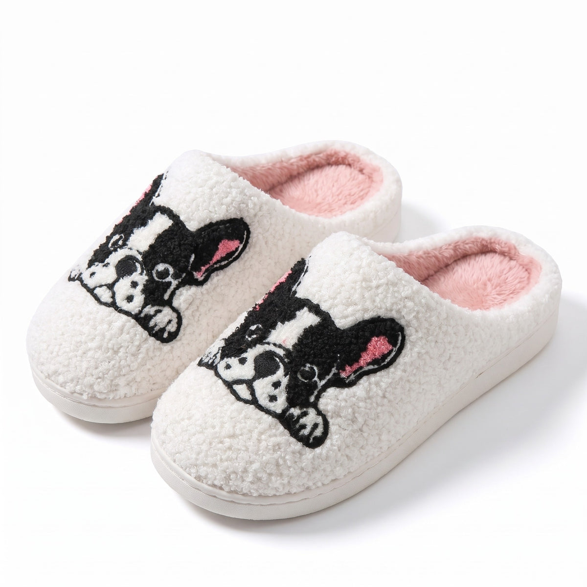 White fluffy slippers with embroidered French bulldog design