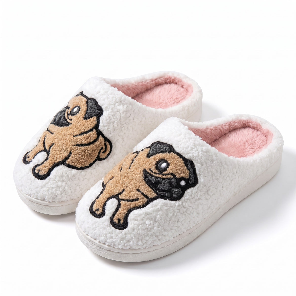 White fluffy slippers with embroidered pug design