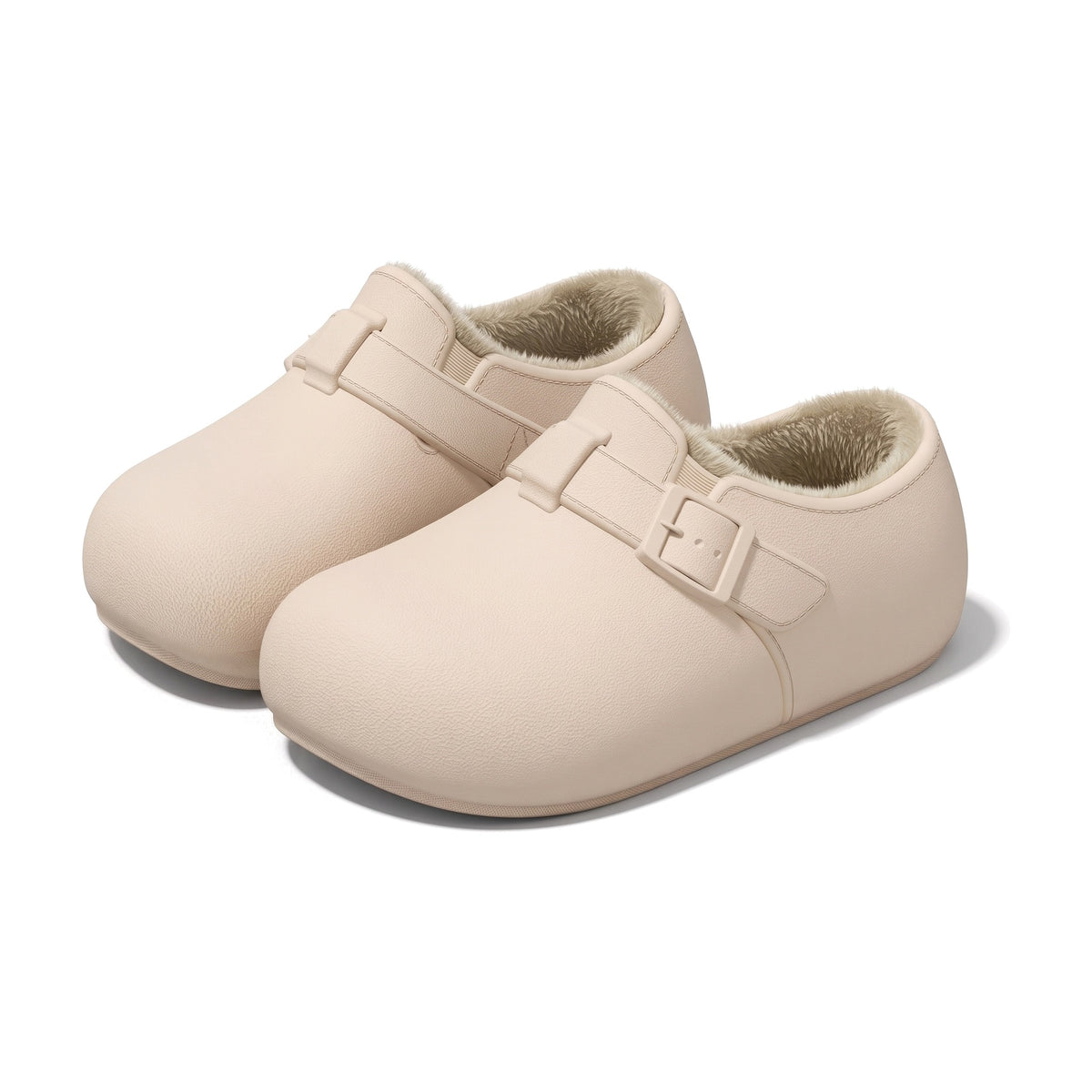 Cream EVA clog slippers with buckle strap and plush faux fur lining