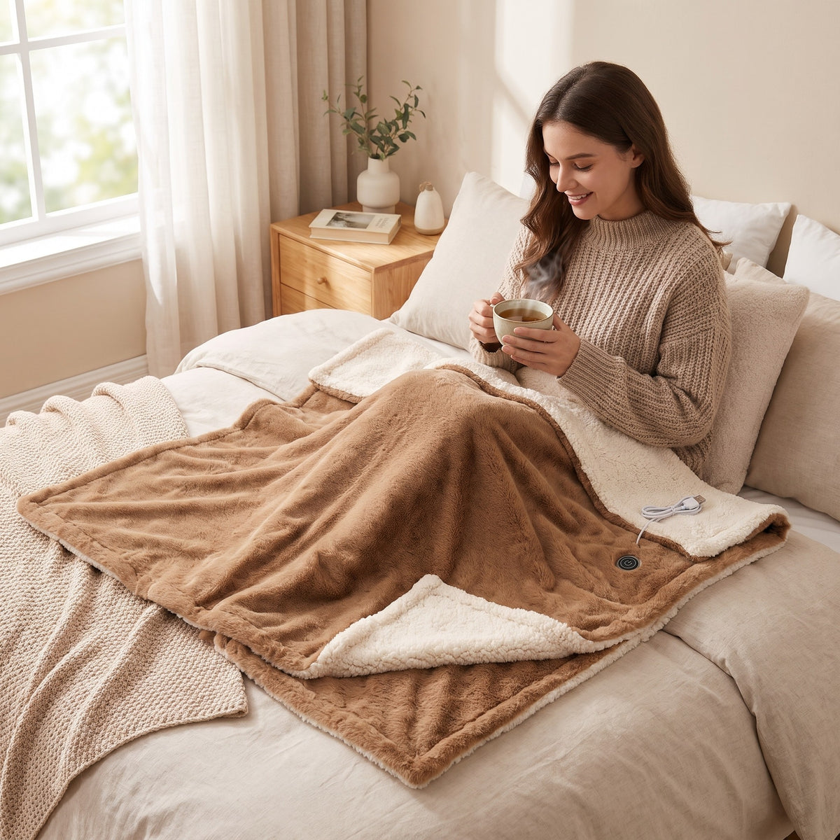 Woman with tea in bed under a mocha faux fur USB heated throw