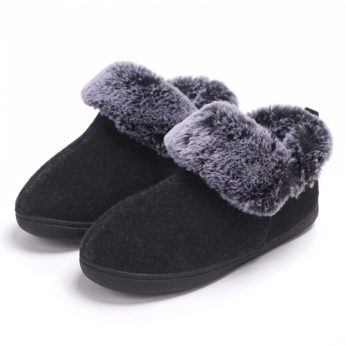 Charcoal black felt bootie slippers with faux fur collar