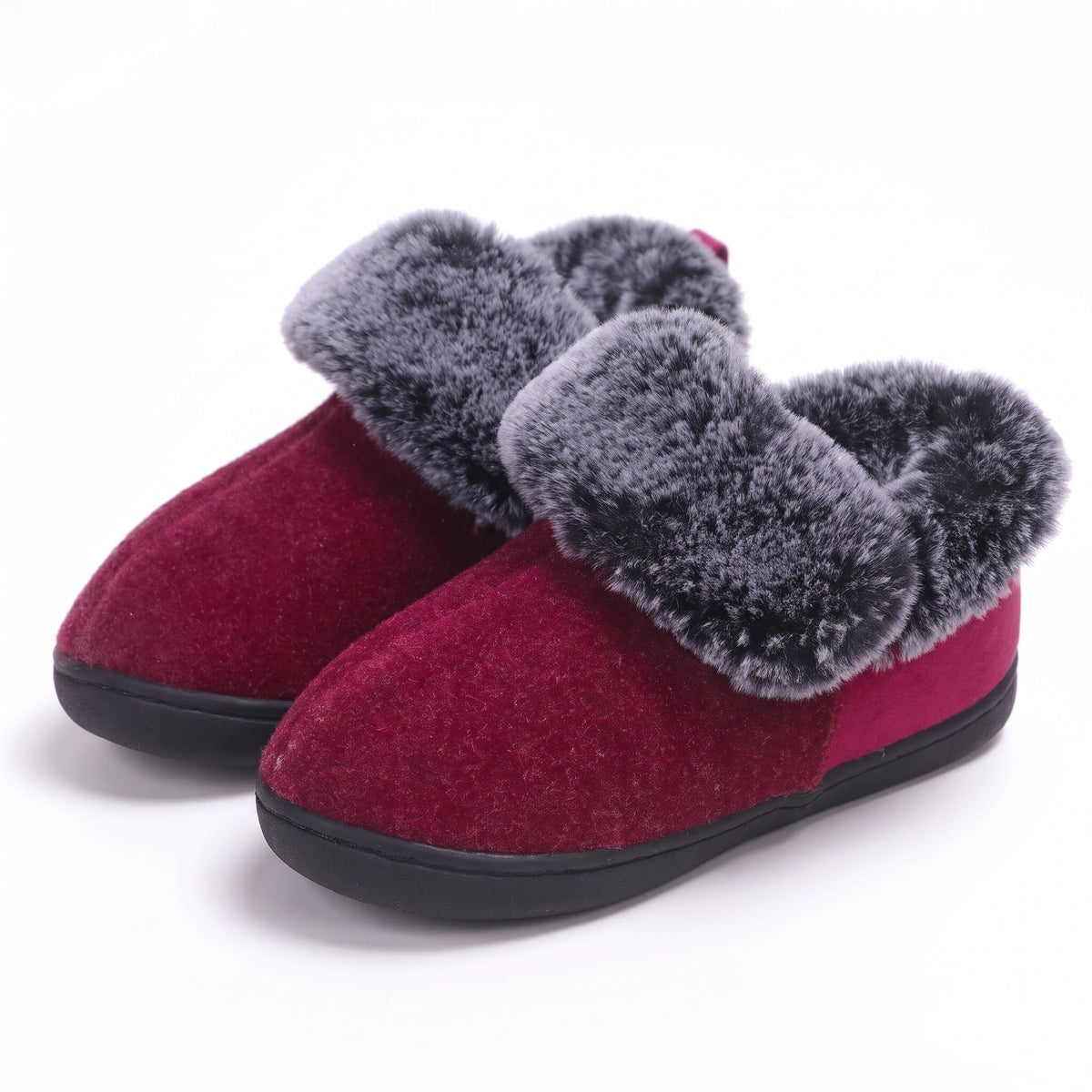 Burgundy felt bootie slippers with faux fur collar