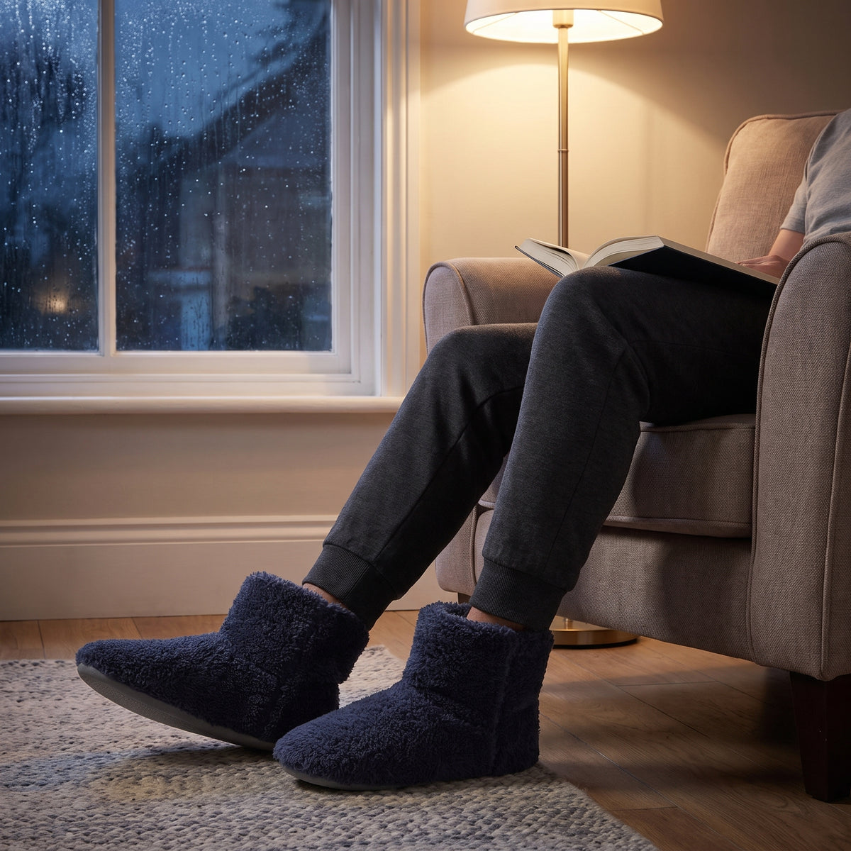 Man reading in an armchair wearing navy fleece bootie slippers