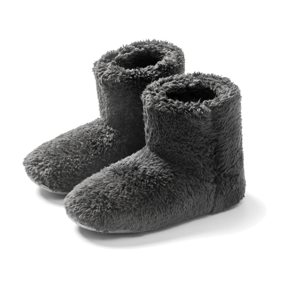 Charcoal fluffy fleece bootie slippers with folded collar and non slip sole