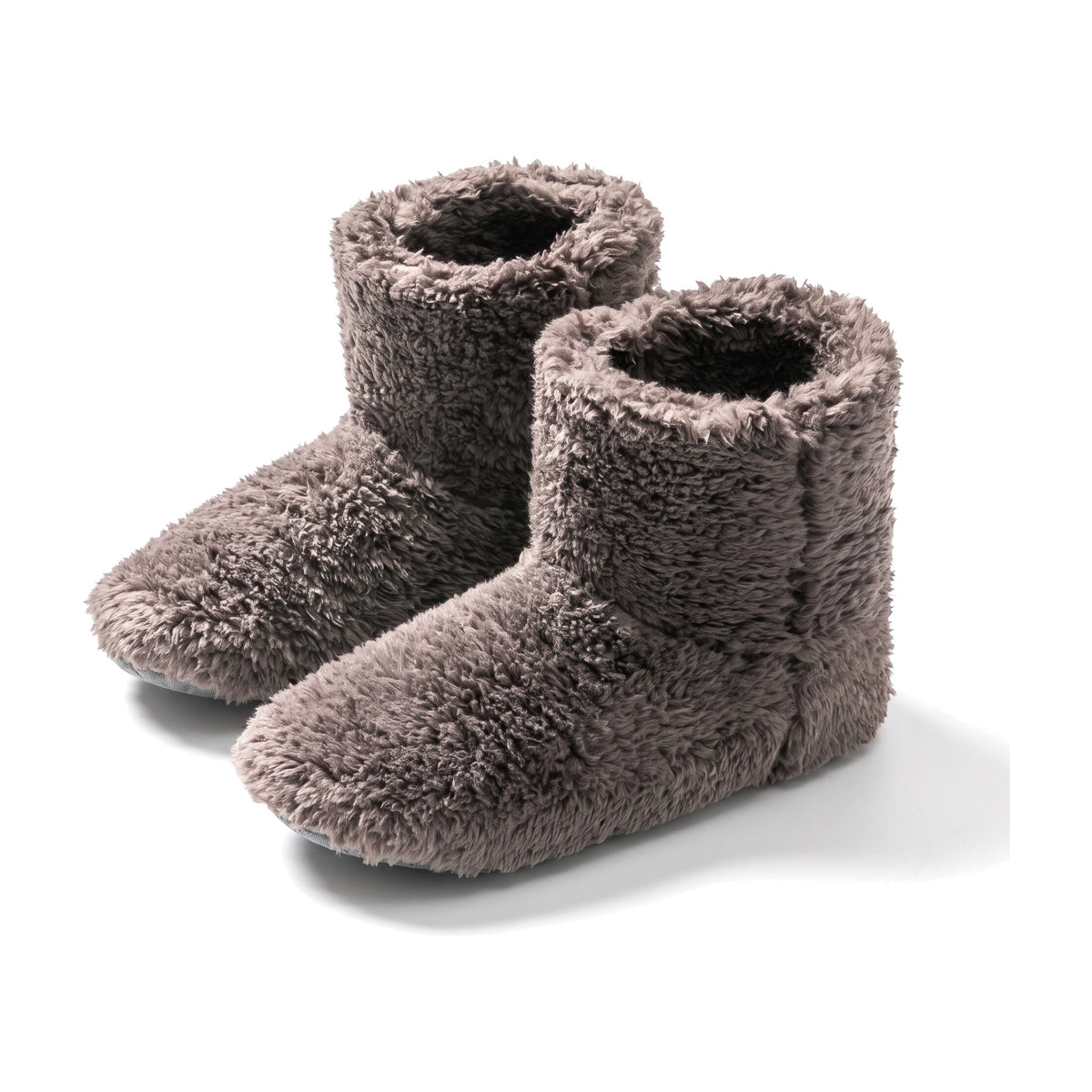 Coffee brown fluffy fleece bootie slippers with folded collar and non slip sole