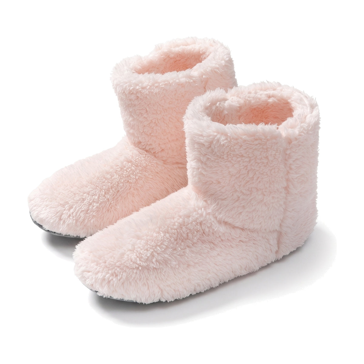 Light pink fluffy fleece bootie slippers with folded collar and non slip sole
