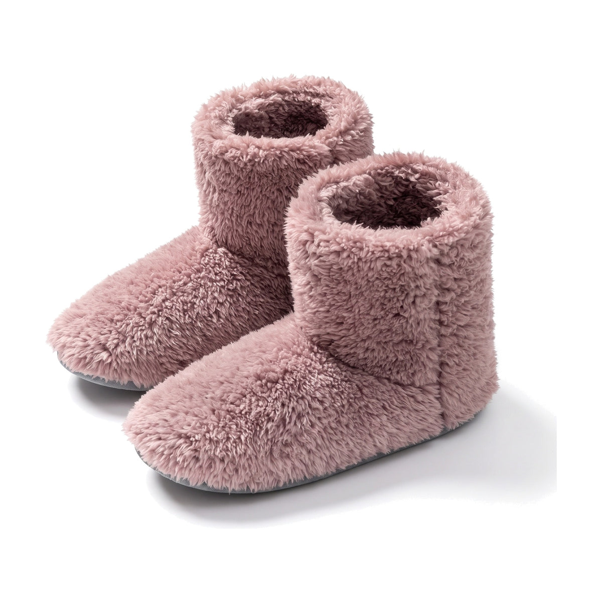 Dusty rose fluffy fleece bootie slippers with folded collar and non slip sole