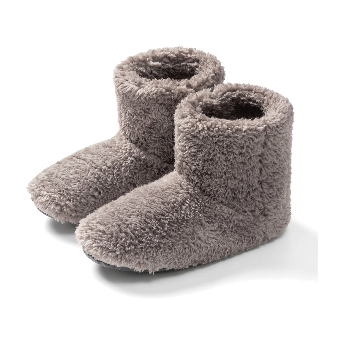 Taupe fluffy fleece bootie slippers with folded collar and non slip sole