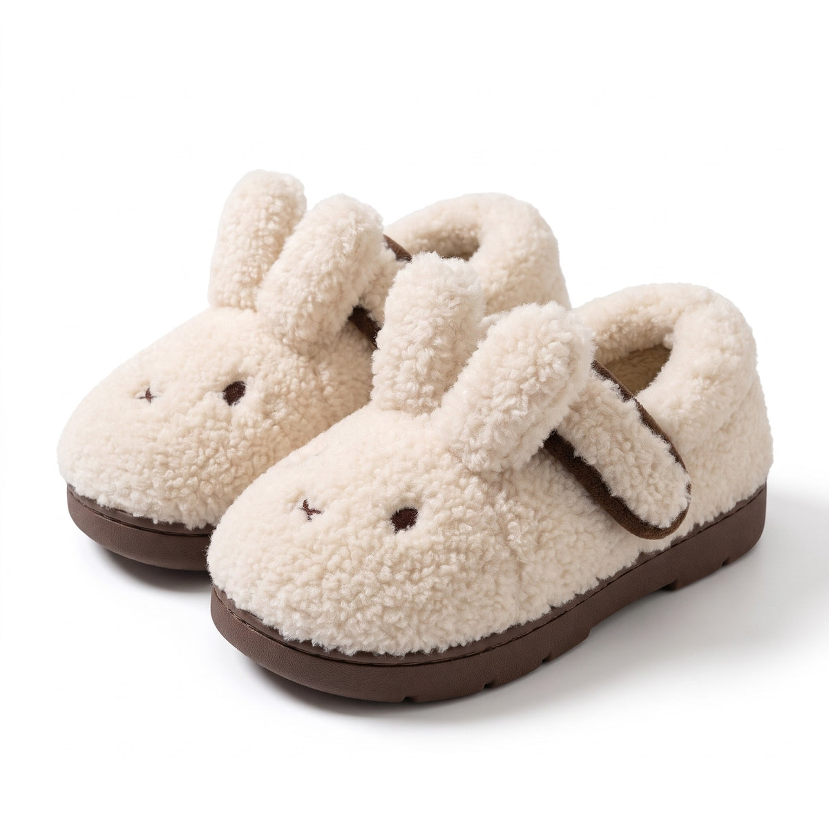 Cream fluffy bunny slippers with ears and closed back
