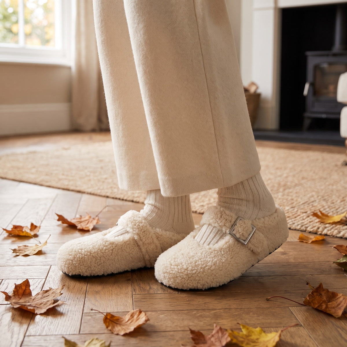 Woman in cream trousers wearing fluffy Mary Jane slippers among autumn leaves