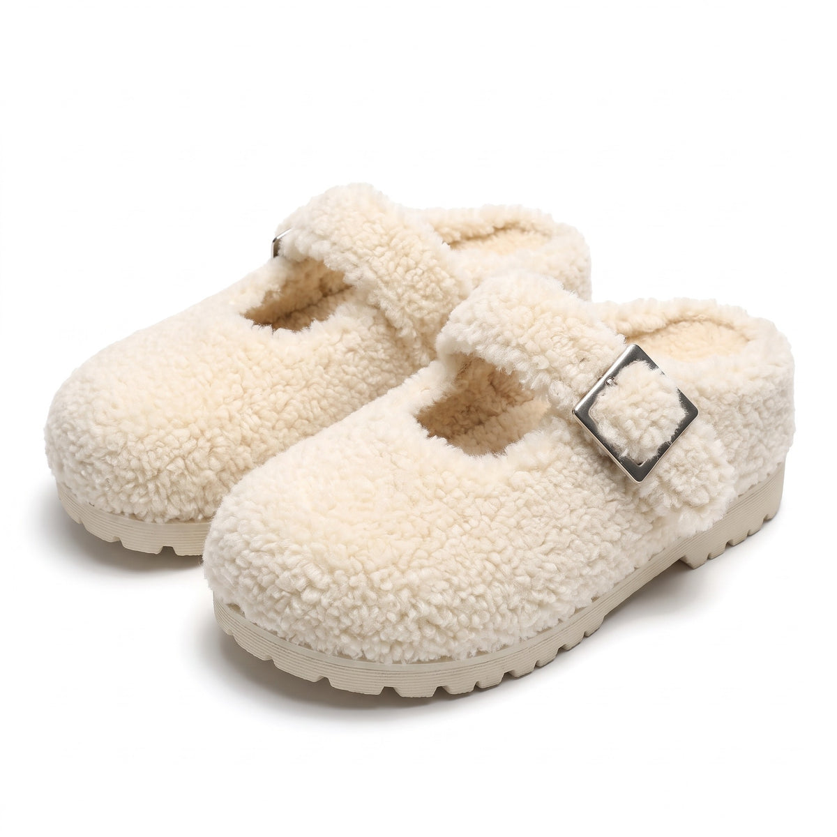 Cream teddy fleece Mary Jane slippers with silver buckle strap