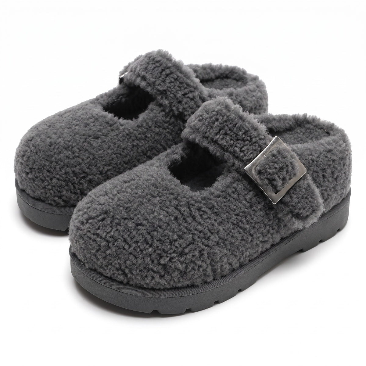 Grey teddy fleece Mary Jane slippers with silver buckle strap