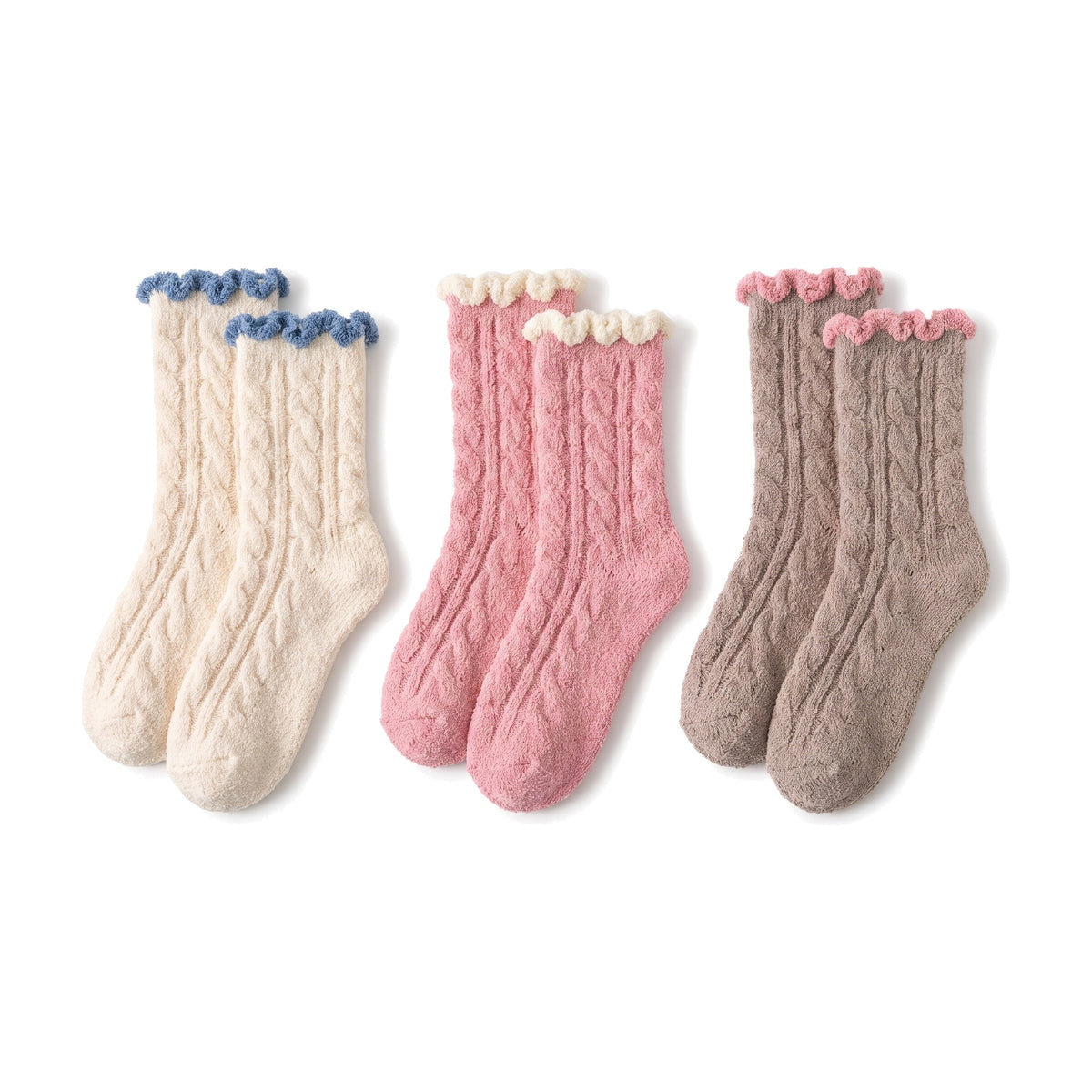 Cream, pink and taupe fluffy socks with cable knit texture and frilled cuffs