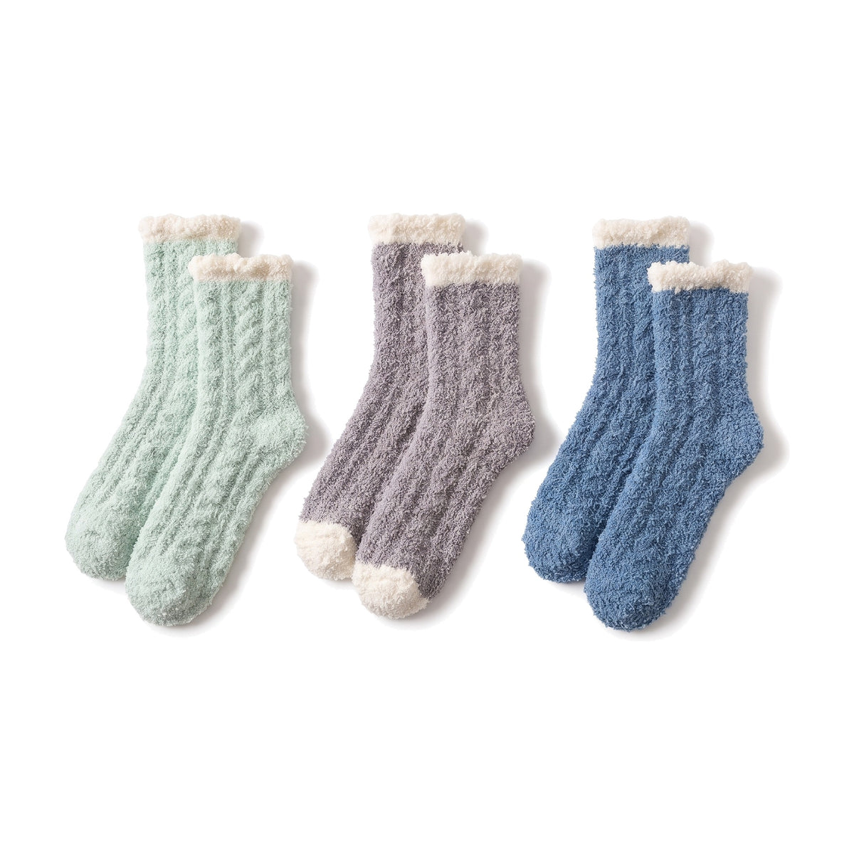 Mint, grey and denim fluffy chenille socks for women with frilled cuffs