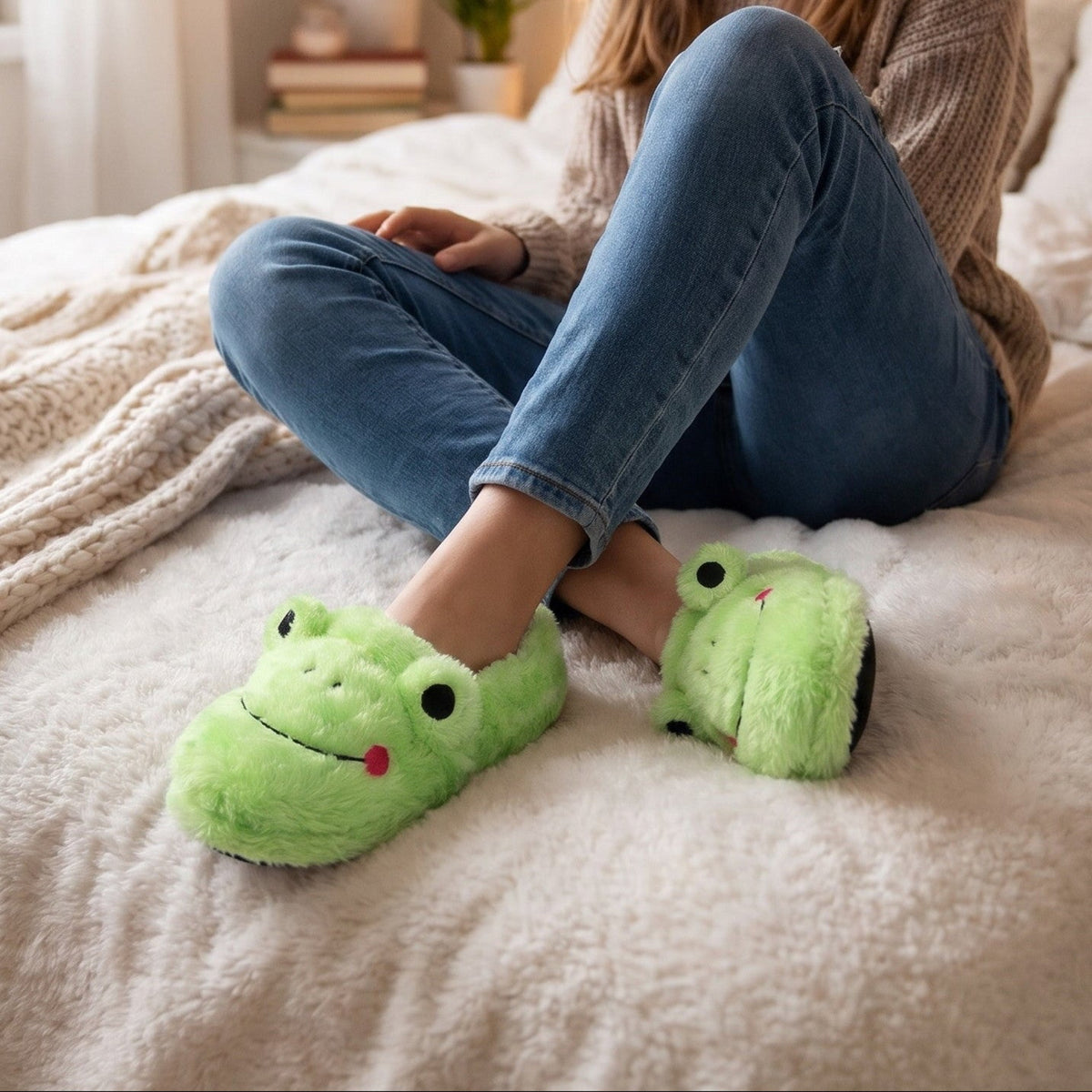 Teenager on a bed with fairy lights wearing green frog slippers