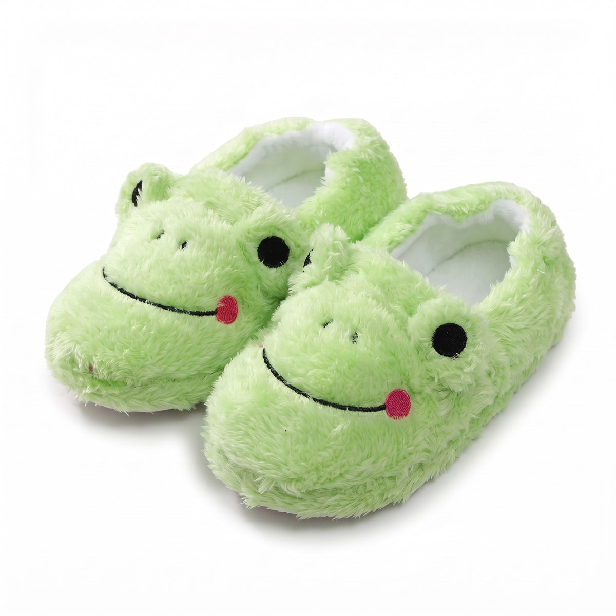 Fluffy green frog slippers with smiling face