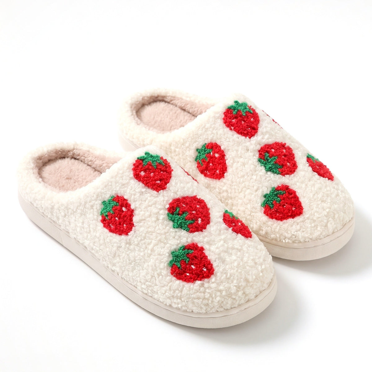 Cream fleece slippers with embroidered strawberries