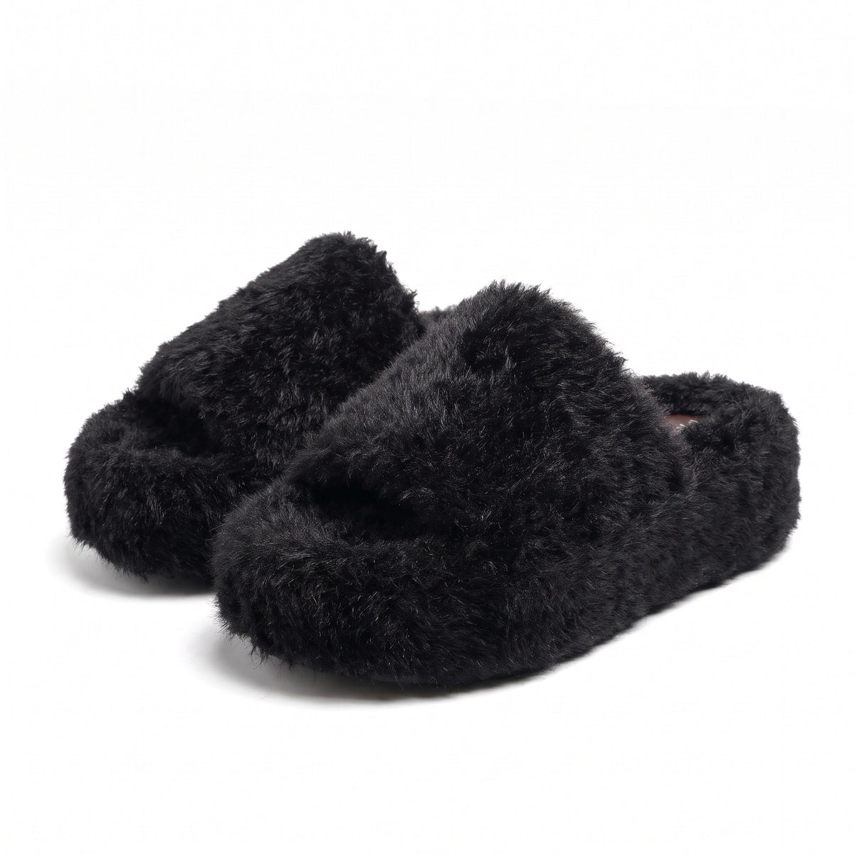Black fuzzy faux fur platform slides