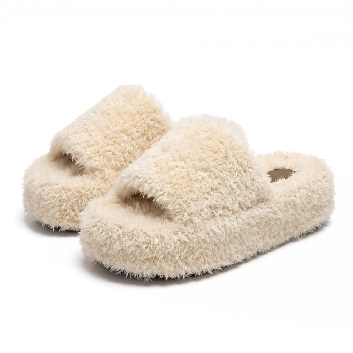 Cream fuzzy faux fur platform slides with chunky sole