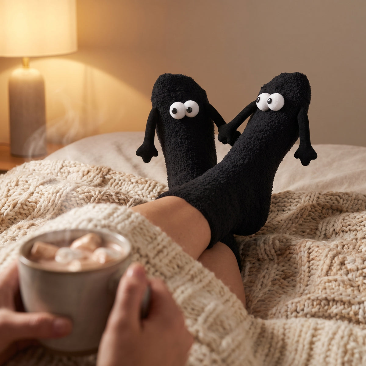 Black fluffy socks with googly eyes holding hands on a cosy bed