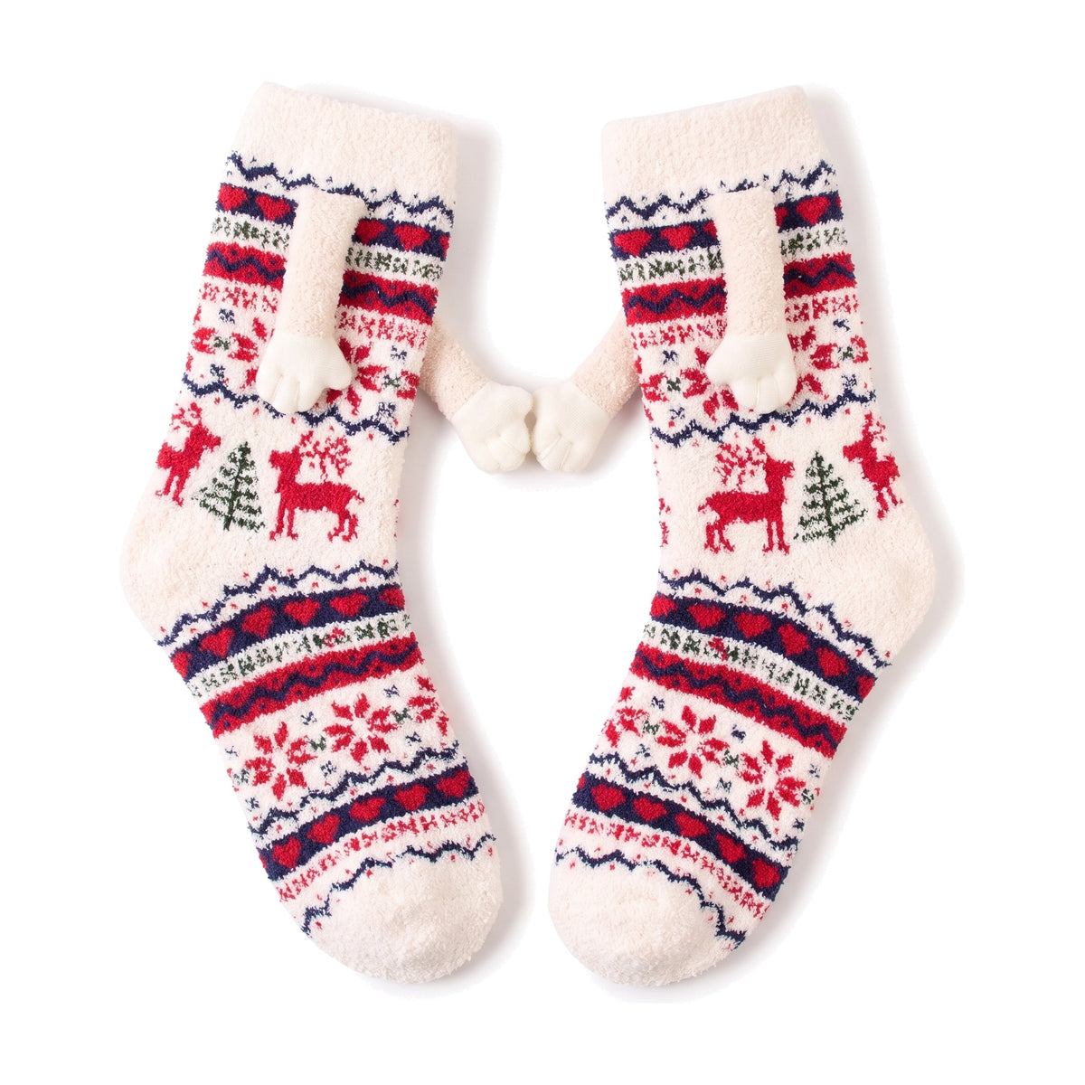 Cream Fair Isle fluffy hand holding socks laid flat with magnetic hands touching