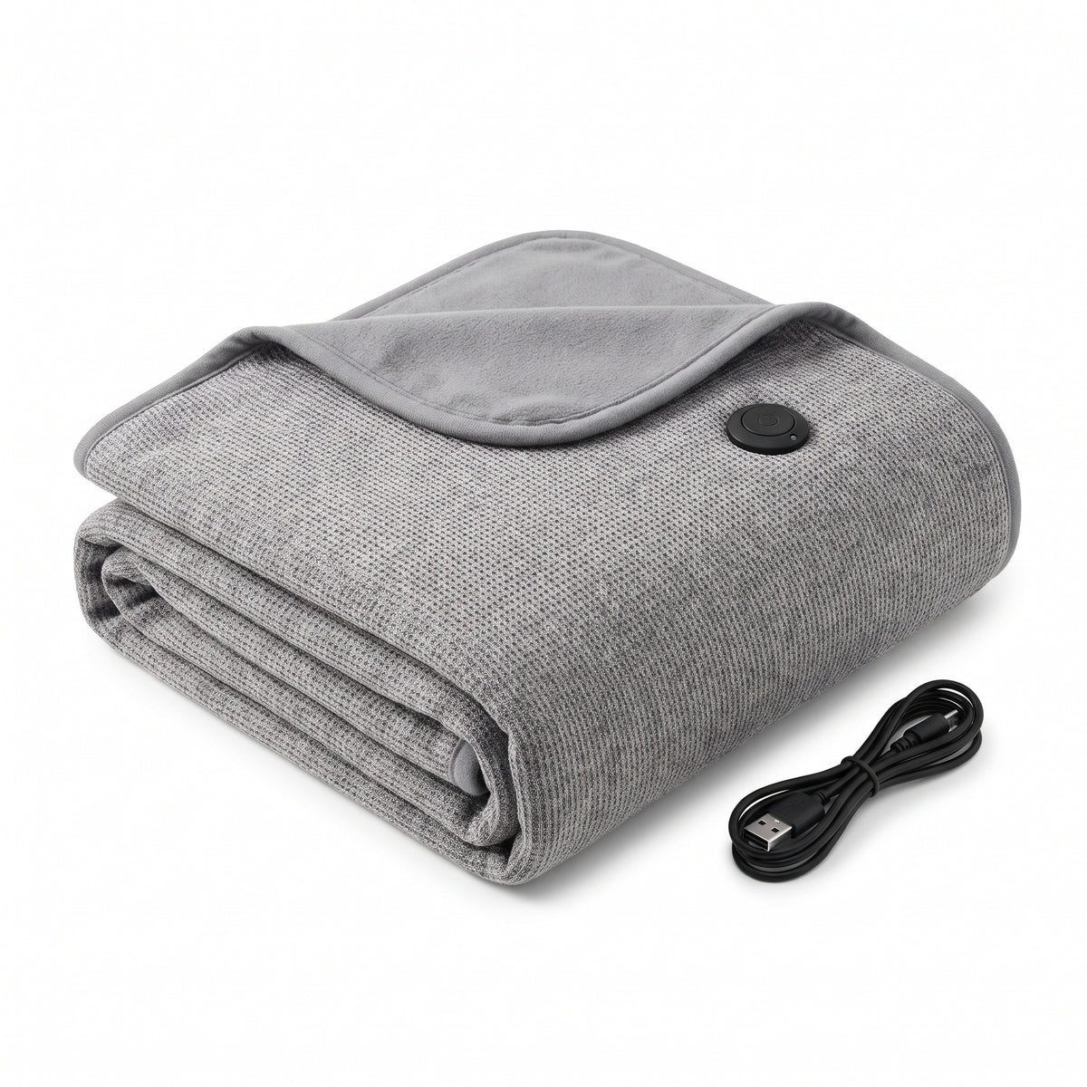 Folded heather grey waffle knit USB heated blanket wrap