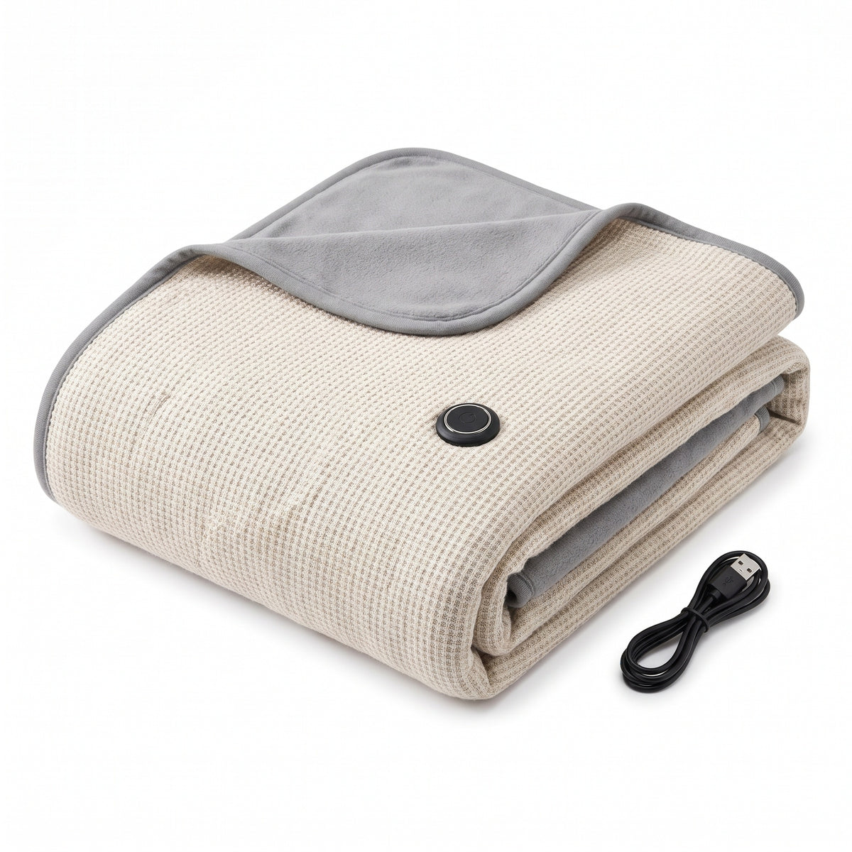 Folded oatmeal cream knit heated blanket with grey fleece lining