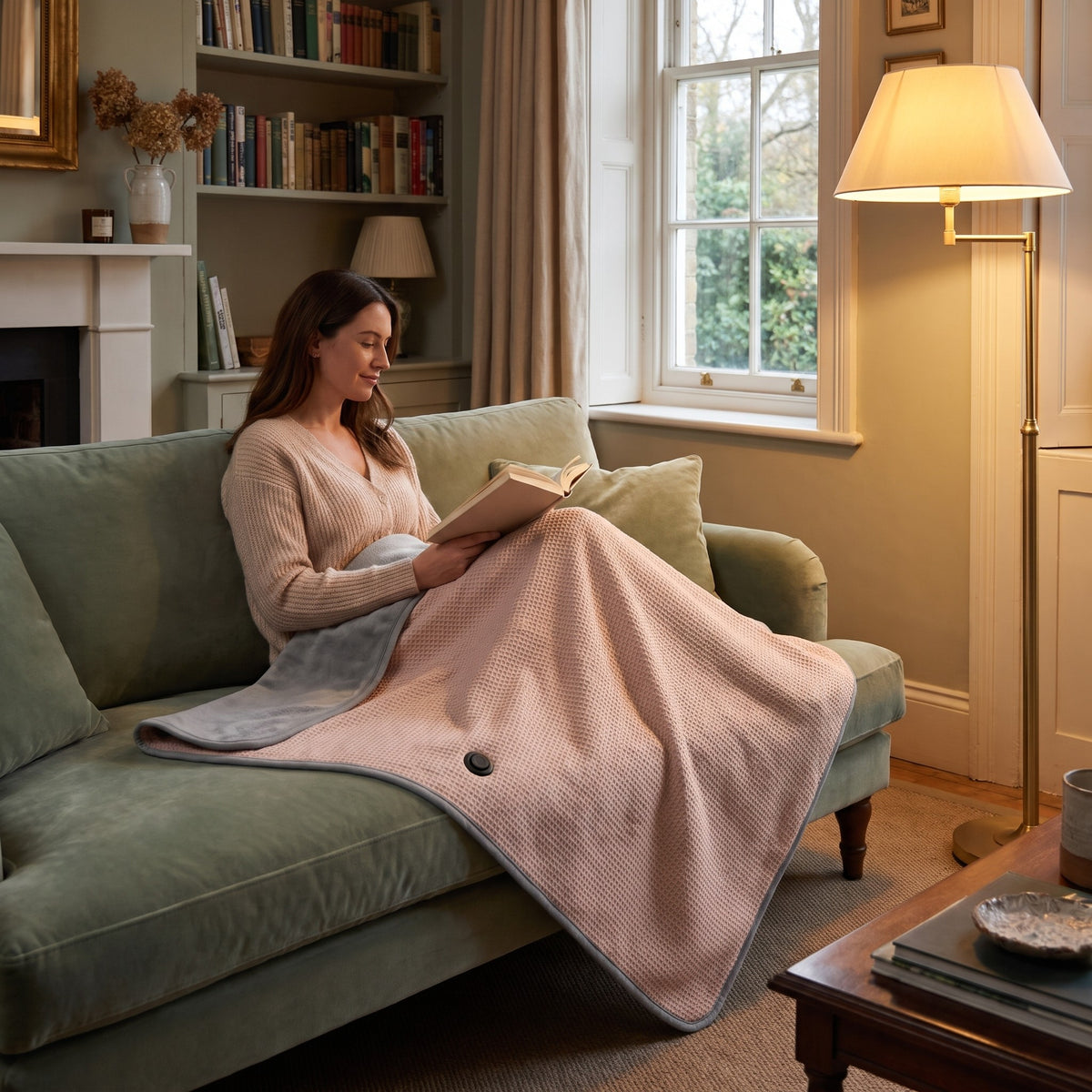 Woman reading on a green sofa under a blush beige heated knit blanket