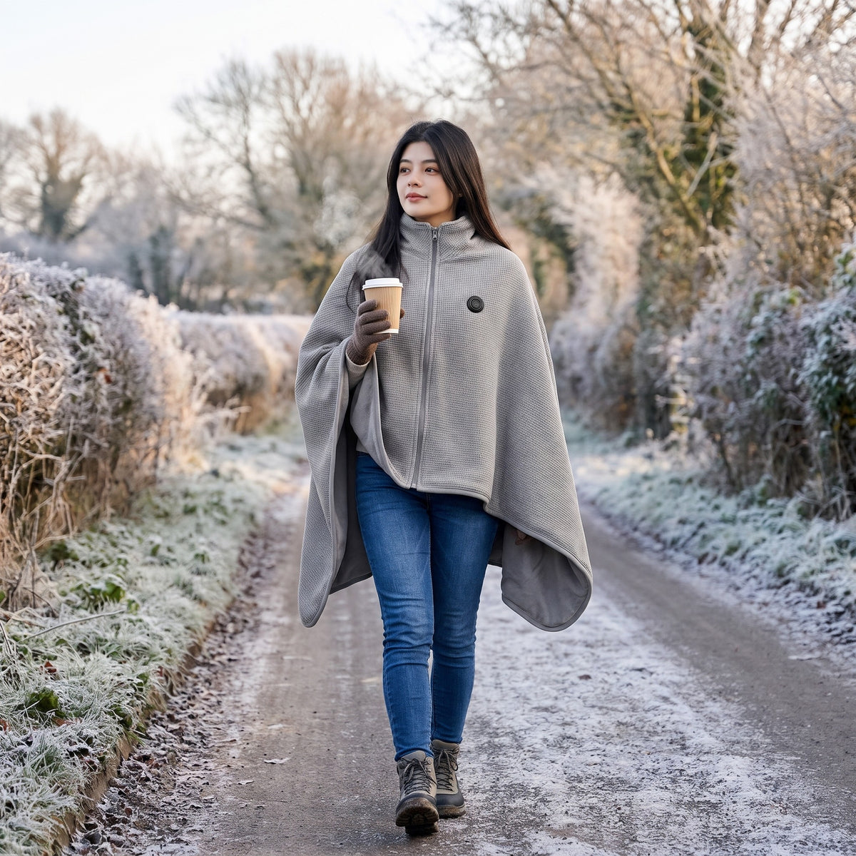 Woman with a coffee on a frosty lane wearing a grey heated blanket cape