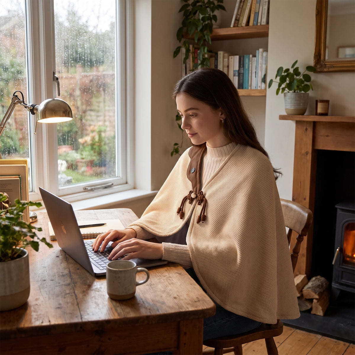 Young woman typing on a laptop by a rainy window in a cream heated cape shawl