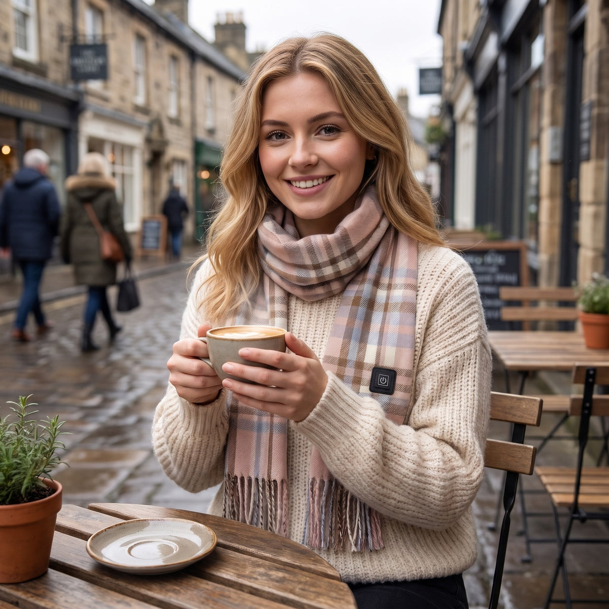 Smiling woman with a coffee wearing a pink tartan heated scarf at an outdoor café